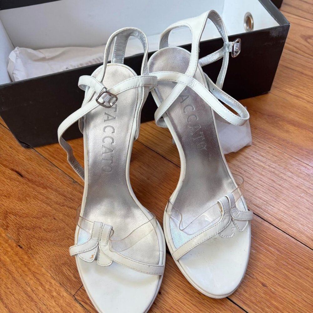 white and silver staccato heels w bow detail